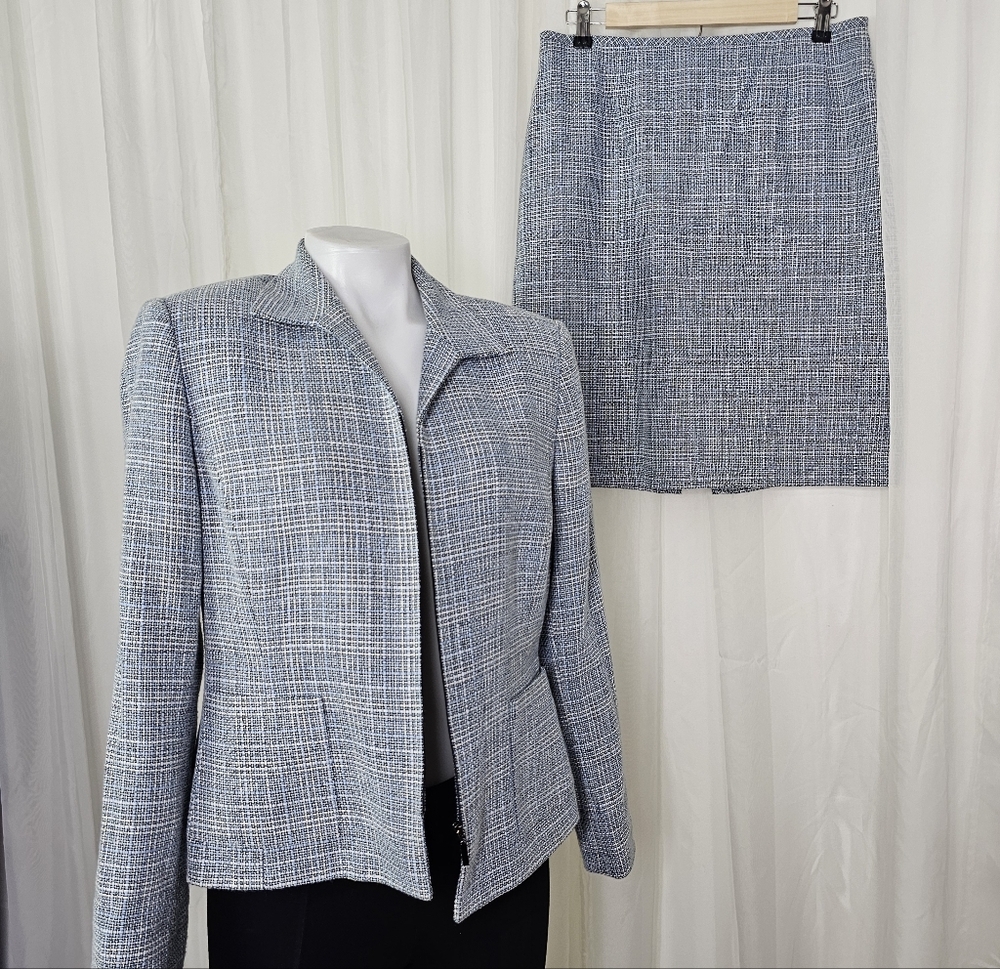 Collection Fifty Nine Bloomingdales Blue Tweed Skirt Suit Set 12 Petite